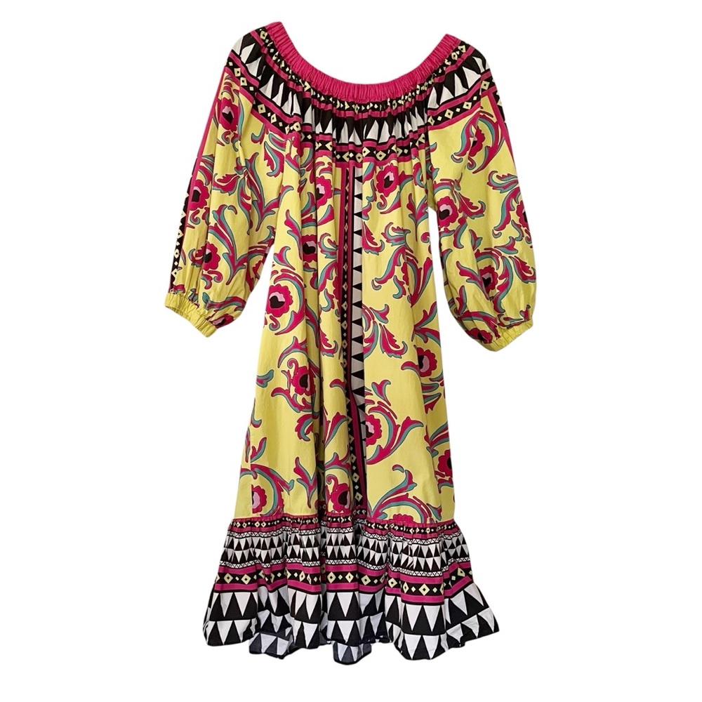 La DoubleJ Paloma short cotton trapeze dress in Cartwheel Giallo geometric print - Picture 9 of 11
